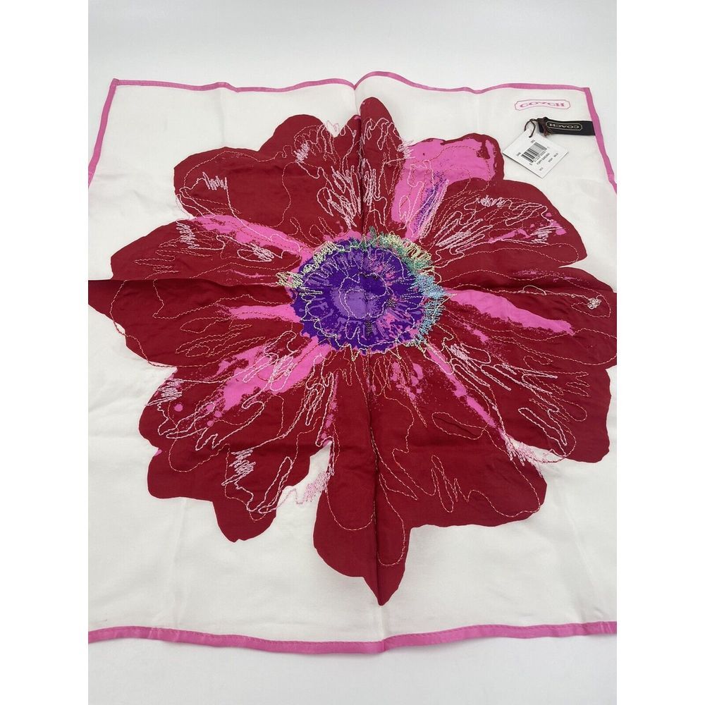 Coach Vintage 100% Silk Bandana Poppy Embroidered Red Pink 17" HTF Peace NWT - Picture 9 of 11